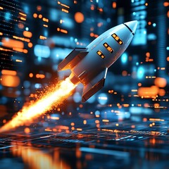 a stylized white rocket is launching through a digital cityscape