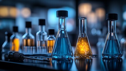 Laboratory beakers with glowing liquid; scientific research; dark lab background; possible stock photo for science education or research