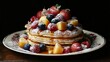 © Omizzoda - A delicious stack of fluffy pancakes topped with fresh mixed berries, fruit, powdered sugar, and sweet maple syrup, an indulgent breakfast