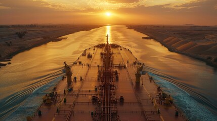 Aufkleber - A vessel sails along a waterway at sunset, illuminating the sky with warm hues as reflections dance on the water's surface. Surrounding landscapes add to the calm atmosphere.