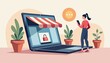 © Denis - Modern e-commerce illustration featuring digital storefront on laptop with pastel color palette
