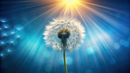 a solitary dandelion flower standing out against a gentle, gradient blue background with rays of sun