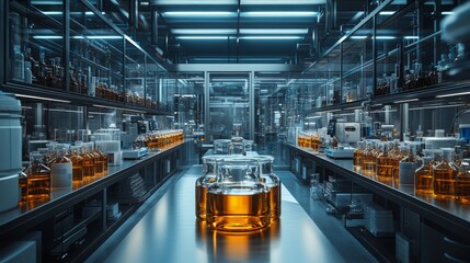 Fototapete - A modern laboratory showcases advanced equipment and glowing glass containers filled with colorful liquids, emphasizing research in quantum physics and energy experiments.