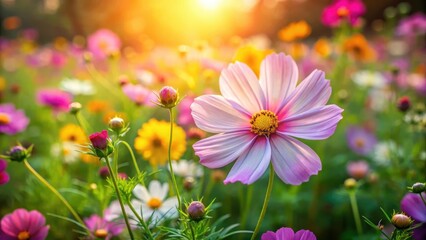 delicate cosmos flower blossom in a lush green garden with a warm sunlight filter