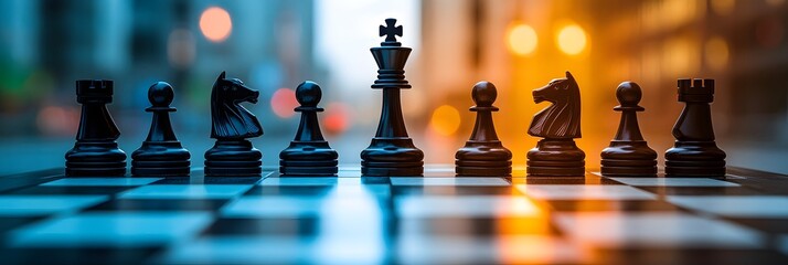 a chessboard with business moves, a decision-making framework, and a blank notepad.