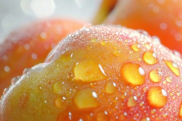Poster - Radiant apricot with refreshing water droplets glistening in soft light close up vibrant fruit detail