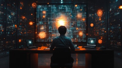 Fototapete - A researcher interacts with advanced quantum simulations in a high-tech lab filled with holographic displays. The environment showcases complex data visualizations and quantum concepts.