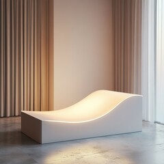 Aufkleber - Serene Indoor Scene Featuring a Modern Minimalist Illuminated Chaise Lounge and Flowing Curtains Interior Design