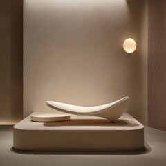 Poster - Elegant Display of Minimalist Art Object on Platform with Neutral Tones Modern Wall and Ambient Lighting
