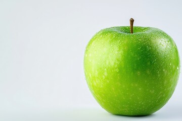 Poster - Fresh green apple with water drops on the peel against a light background healthy vibrant crisp fruit