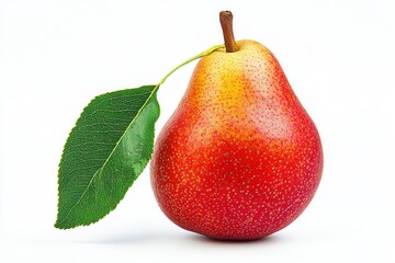 Poster - Luscious red pear with fresh green leaf on a clean white background in studio light macro shot for food photography