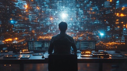 Fototapete - A scientist engages with advanced quantum simulations, observing data visualizations of qubits, superposition, and entanglement in a modern research setting.