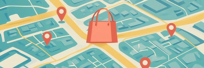 Aufkleber - Elegant delivery route map for groceries with bag icon and location pins, showcasing clean design elements for user experience