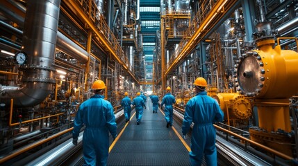 Aufkleber - A team in blue coveralls and hard hats inspects equipment at a large automated petrochemical refinery, working amidst busy industrial machinery.