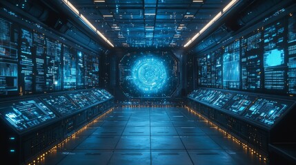 Fototapete - High-tech quantum research facility simulating dark matter interactions, holographic cosmic energy flows illuminating a metallic control room 