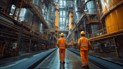 Aufkleber - Two workers in safety gear stand on a processing floor, monitoring the automated systems of a large petrochemical refinery, ensuring efficient operations and safety.