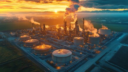 Aufkleber - A stunning sunset illuminates a busy petrochemical refinery, where towering smokestacks emit steam and smoke. The site is alive with industrial activity, surrounded by vast tanks.