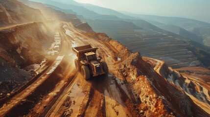 Poster - A large dump truck navigates through a dusty mining site surrounded by steep hills and distant mountains, illuminated by the warm glow of sunset, showcasing industrial activity.