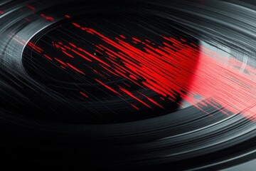 Poster - Vinyl record with soundwave ripples in black and red showcasing retro-modern design and rhythmical elements for creative use