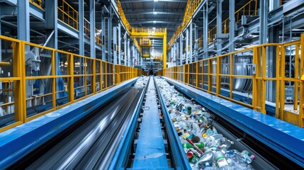Poster - A large recycling facility showcases an assembly line where plastic bottles and containers are sorted, emphasizing the importance of waste management for sustainability.