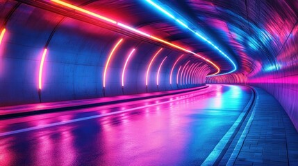 Wall Mural - neon tunnel road, night, wet asphalt, cityscape background, futuristic design