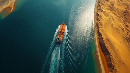 Aufkleber - A cargo ship makes its way through a narrow waterway, leaving a trail in the water. Sandy shores contrast with the deep blue water under a clear sky.