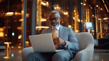 Leinwandbilder - A man in a suit and tie is sitting in a chair with a laptop in front of him