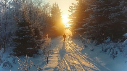 Poster - A person walks along a snow covered trail surrounded by trees, with the warm glow of sunrise casting long shadows in the crisp winter air, creating a serene atmosphere.