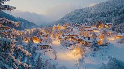 Poster - Cozy wooden houses are aglow in a tranquil mountain village during winter. Snow blankets the ground and trees as twilight casts a gentle light across the serene landscape.