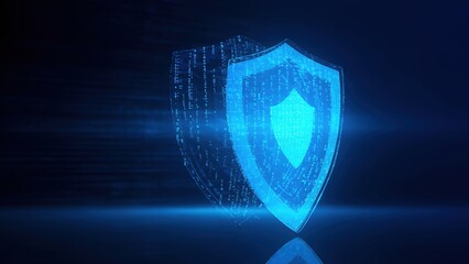 Digital shield with binary code representing cyber security and firewall protection in modern design