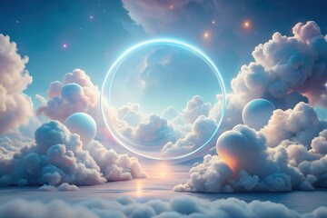 Wall Mural - Celestial Orb Encircling Dreamlike Cloudscape, Illuminated by Soft Light and Glimmering Stars