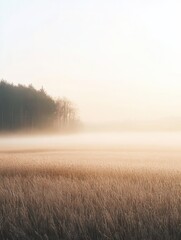Poster - Serene lavender field at sunrise enveloped in soft mist and delicate golden light with a minimalistic aesthetic