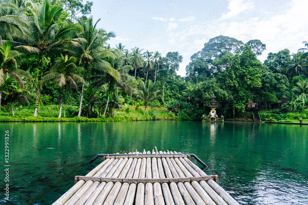 Lake Net Raft Bamboo raft floating on the lake with hindu temple in Bali, Indonesia ...