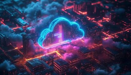 Poster - Futuristic city with cloud computing, data storage, and neon blue and purple lighting, 3D rendering, advanced tech and smart infrastructure on dark urban background