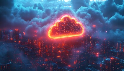 Aufkleber - Futuristic city with cloud computing, data storage, and neon blue and purple lighting, 3D rendering, advanced tech and smart infrastructure on dark urban background
