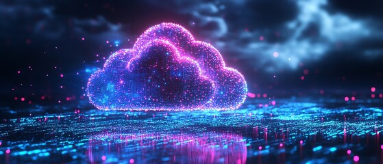 Aufkleber - Futuristic cityscape with cloud computing and data storage, neon blue and purple light, 3D rendering, advanced smart technology and digital data systems