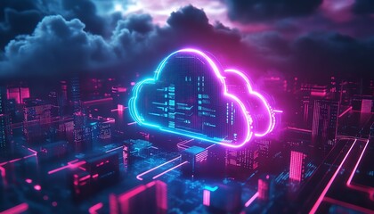 Aufkleber - Futuristic city with cloud computing, data storage, and neon blue and purple lighting, 3D rendering, advanced tech and smart infrastructure on dark urban background