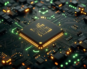 Aufkleber - Futuristic microchip with glowing neon green circuits, 3D rendering, digital artificial intelligence and machine learning, advanced technology on a dark background