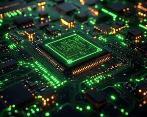Aufkleber - Futuristic microchip with glowing neon green circuits, 3D rendering, digital artificial intelligence and machine learning, advanced technology on a dark background