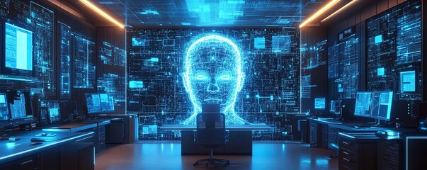 Fototapete - Futuristic office with AI technology overlay, glowing digital circuits covering the desk and surrounding equipment, advanced digital communication, seamless tech environment