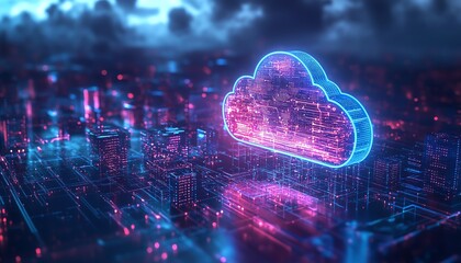 Aufkleber - 3D rendering of a futuristic smart city, cloud computing and data storage concept with neon blue and purple lighting, dark background, cuttingedge technology and innovation