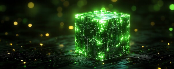 Aufkleber - 3D rendering of a neon green glowing AI microchip with intricate circuit connections, dark background, digital machine learning and artificial intelligence concept