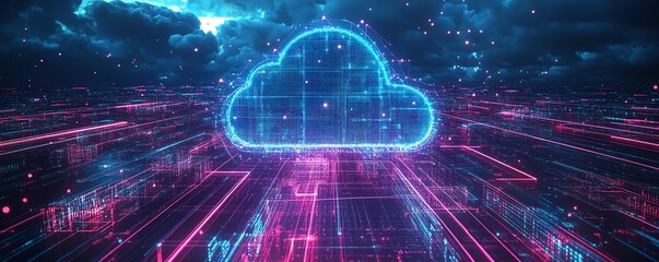 Poster - 3D rendering of a smart city with cloud computing and data storage, neon blue and purple lights, futuristic architecture, digital networks on a dark background