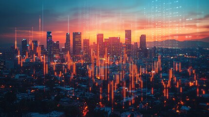 City Skyline at Sunset with Digital Data Visualization Overlay Effect