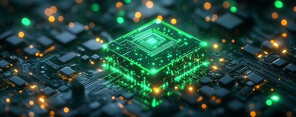 Poster - AI microchip glowing with neon green circuits on a dark background, 3D rendering, digital concept of machine learning, artificial intelligence, futuristic design