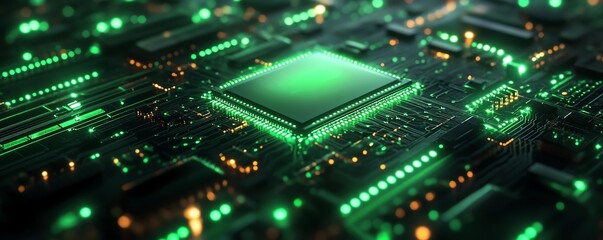 Poster - AI microchip glowing with neon green circuits on a dark background, 3D rendering, digital concept of machine learning, artificial intelligence, futuristic design