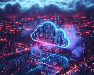 Leinwandbilder - Futuristic smart city with cloud computing and data storage concept, neon blue and purple lights, 3D rendering, hightech urban environment, digital infrastructure