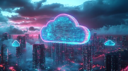 Leinwandbilder - Futuristic smart city with cloud computing and data storage concept, neon blue and purple lights, 3D rendering, hightech urban environment, digital infrastructure