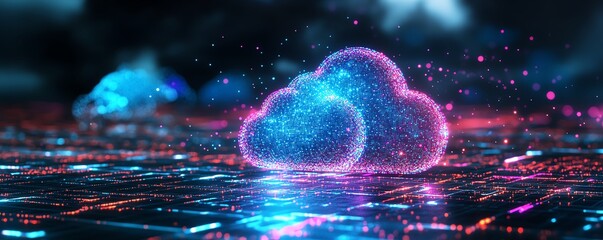 Aufkleber - 3D rendering of a smart city with cloud computing and data storage, neon blue and purple lights, futuristic architecture, digital networks on a dark background