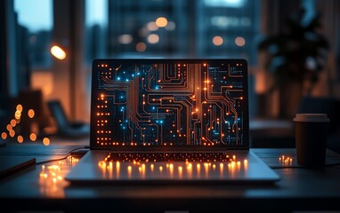 Poster - AI circuit board design overlay on a modern office desk with laptop, glowing digital connections, futuristic office setup, sleek, innovative workspace technology